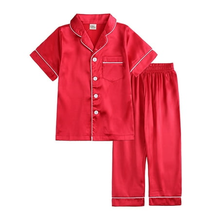 

Pajama Set for Toddler Baby Boy Girl Button-up V-neck Silk Pajama Sleepwear Nightwear Loungewear Set Gifts for Kids 3-4Y Blue
