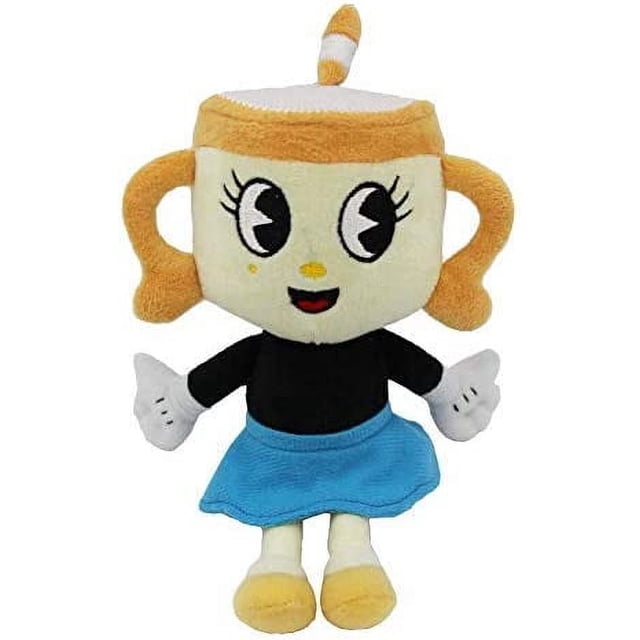 LAICAIW Cuphead Ms. Chalice Plush Figure Stuffed Toy, an 8-inch soft and comfortable plush toy featuring Ms. Chalice from the Cuphead series. The figure has a yellow cup-shaped head with a straw, large expressive eyes, a black top, blue skirt, and white gloves. Suitable for children and adults, it makes a great gift for Cuphead fans and a charming bedroom decoration or party accessory.
