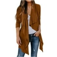 thumbnail image 2 of Women's Cardigans Faux Suede Lightweight Jacket Casual Long Sleeve Lapel Coat Solid Color Open Front Cardigan Brown L, 2 of 7