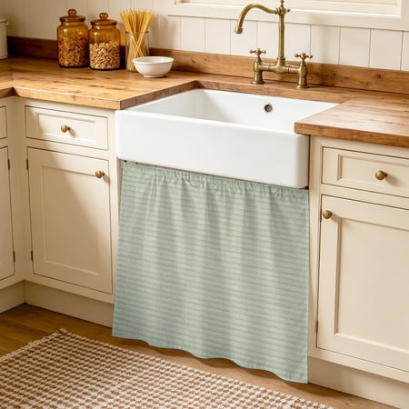 Woven Texture Cabinet Curtain Light Green Straw Weave Check Rustic Farmhouse Sink Skirt for Bathroom Under Sink shelf Curtain Privacy Drape for Kitchen Laundry Room 35x35in