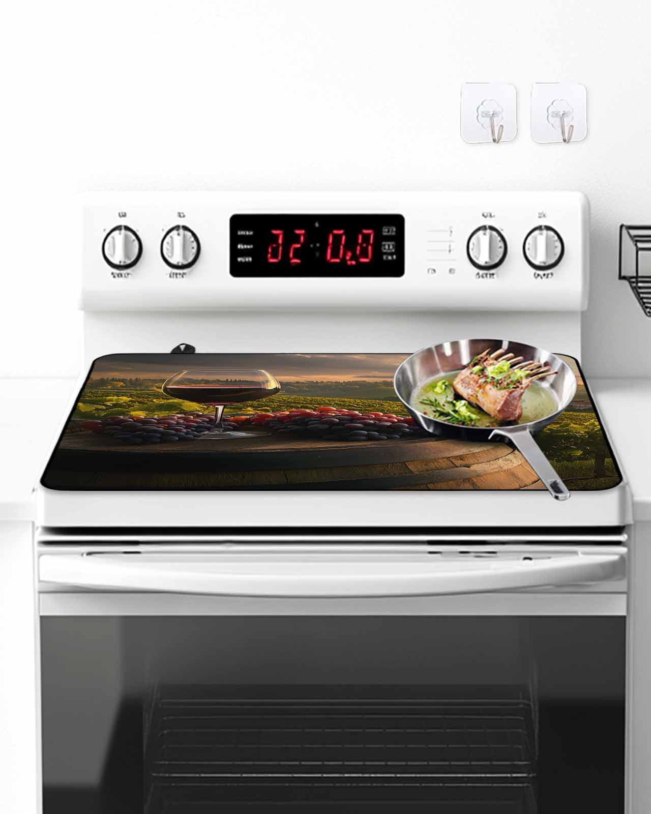 Stove Top Covers for Electric Stove 36x21 Inches, Country Heat Insulation Fireproof Glass Cooktop Protector, Grapes Casks Wine Farmhouse Multipurpose Countertop Stovetop Cover for Kitchen