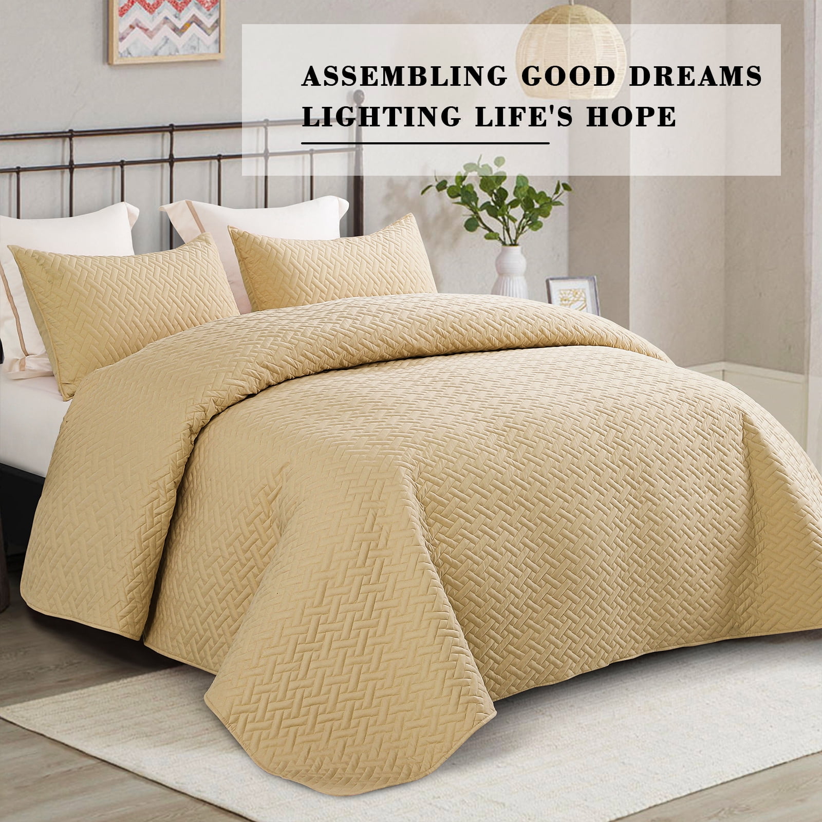 Exclusivo Mezcla 3-Piece King Size Quilt Set, Basket Quilted Bedspread/Coverlet/Bed Cover(96"x 104", Camel)
