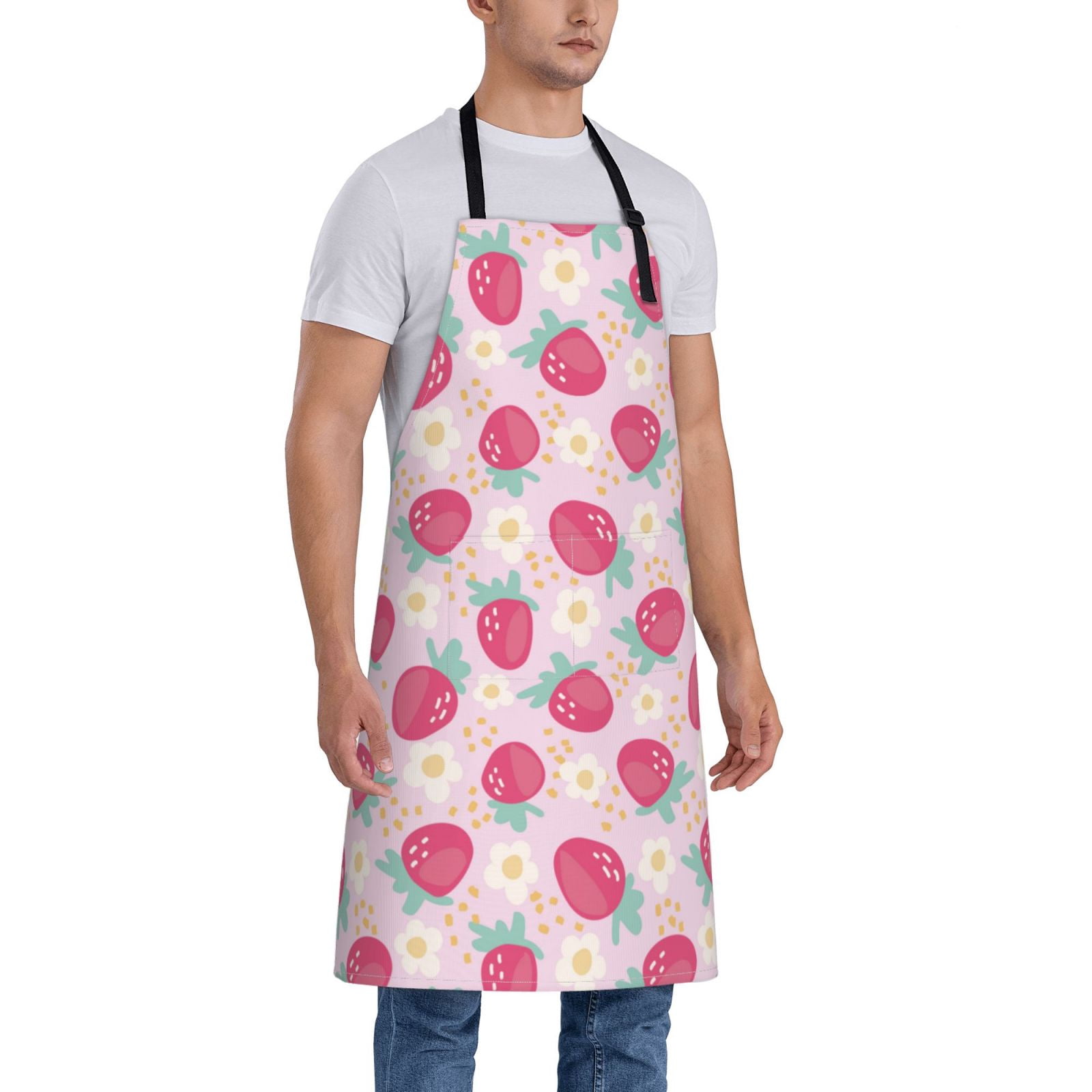 Kdxio Floral Strawberr Apron with Pockets Adjustable Kitchen Aprons for Men Women Waterproof Aprons for Cooking,Drawing,Crafting, Baking Household Cleaning