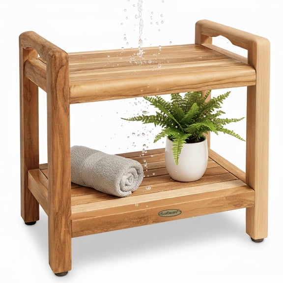 EcoDecors Eleganto 20" Teak Wood Shower Bench, EarthyTeak