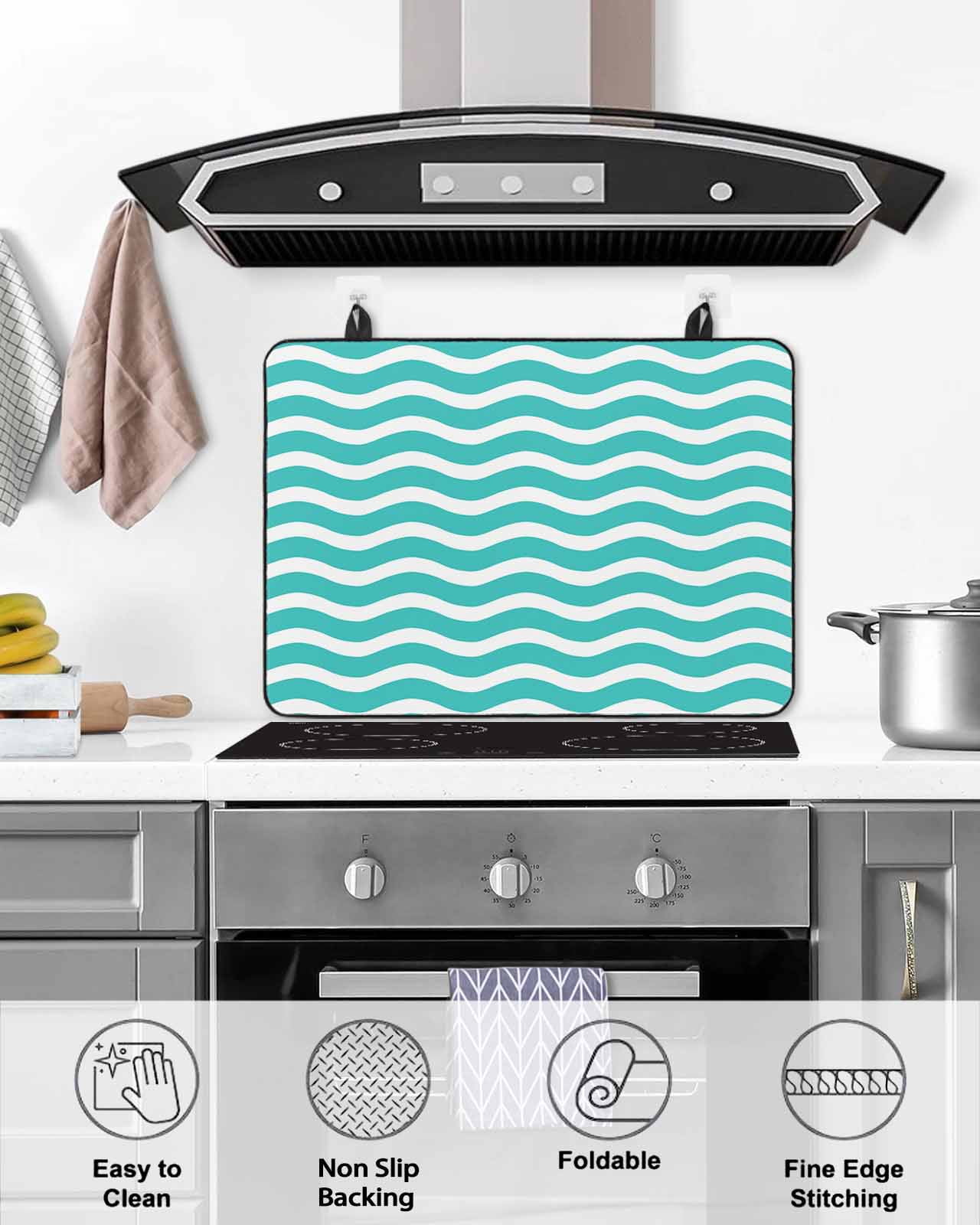 nqOlkjepod Large Induction Cooktop Protector Mat 24"x21", Teal Aqua Moire Ombre Stove Top Covers for Electric Stove, Water Ripple Stripe Farmhouse Stove Burner Cover Mats, Glass Top Stove Cover