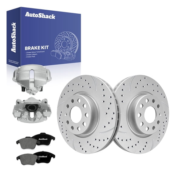 AutoShack Front Vented Drilled & Slotted Coated Brake Rotors Silver Matte Finish   Premium Ceramic Pads   Calipers 8-PC Brake Kit Replacement for 2015-2018 Volkswagen Jetta TurboGuard 12.28" (312 mm)