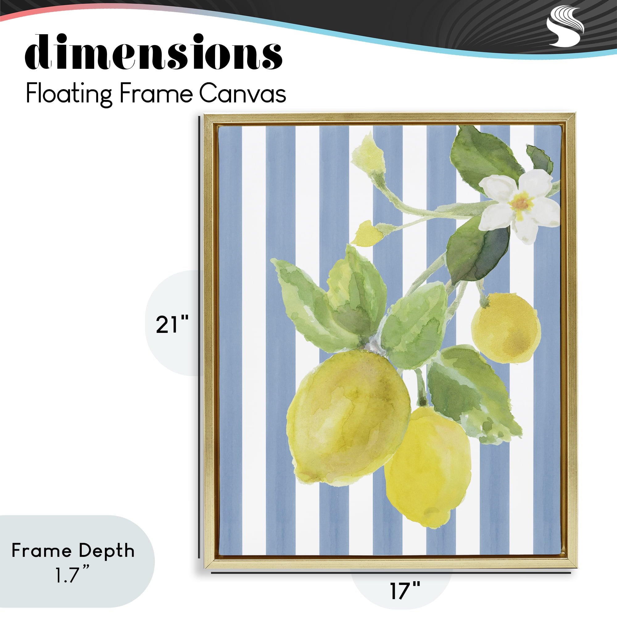 Stupell Industries Lemon Blossom on Blue Stripes Gold Framed Floater Canvas Wall Art, design by Lanie Loreth