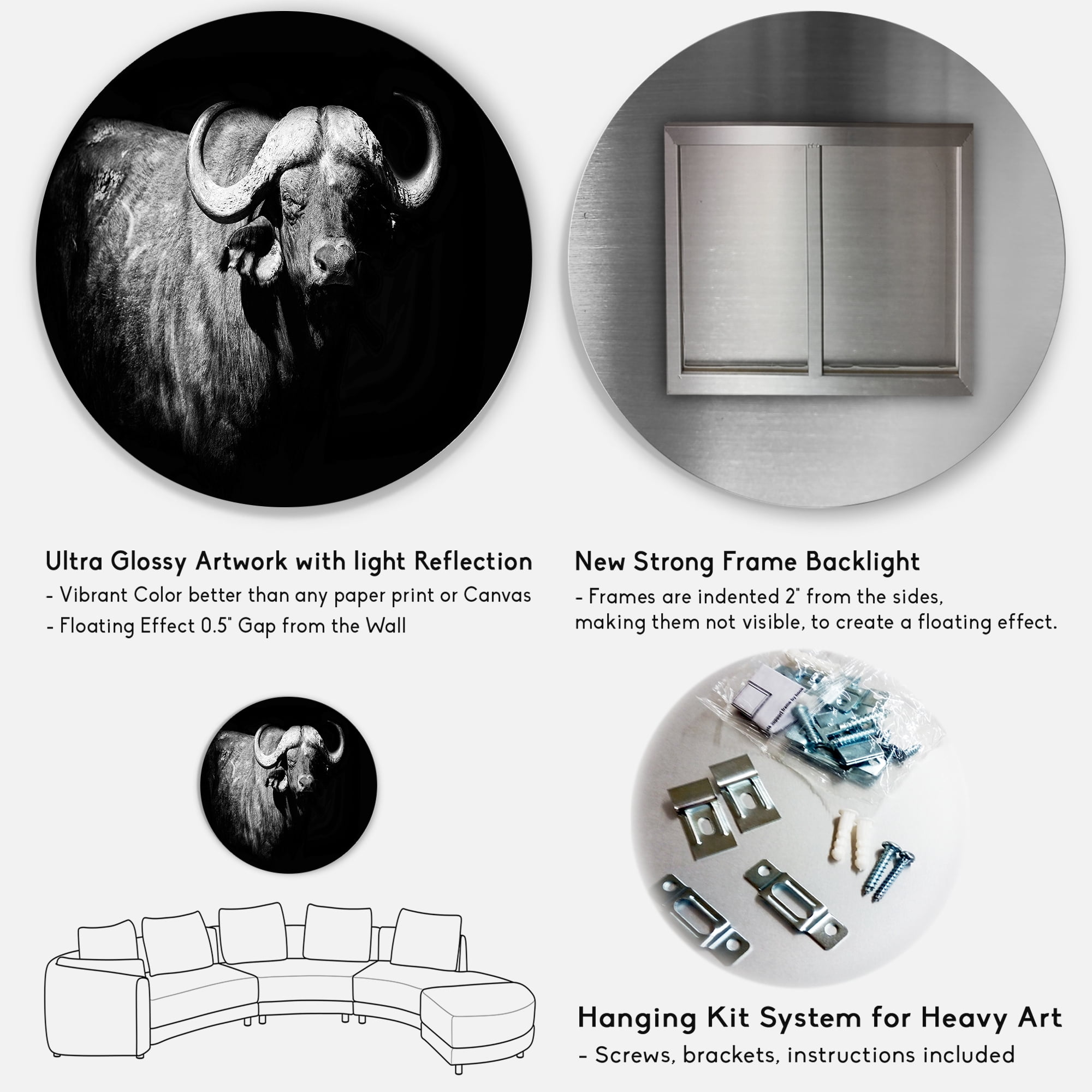 Designart 'Black and White Portrait Of Buffalo I' Farmhouse Circle Metal Wall Art 11x11 - Disc of 11