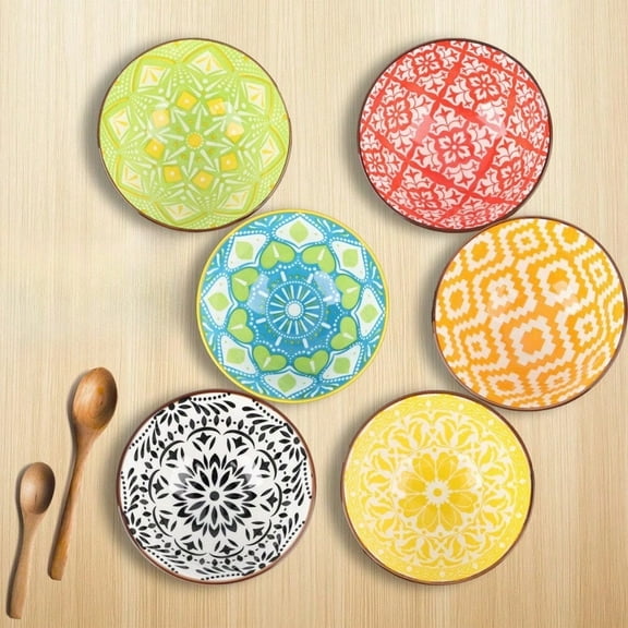 6 ceramic cereal bowls, 4.75 inches in diameter. Ceramic dessert-style multi-colored bowls, suitable for snacking. Colorful and cute bowl set. Can be used in microwave oven. Can be washed in dishwash