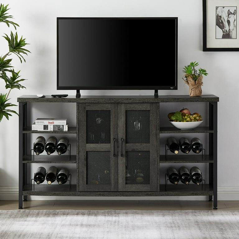 Industrial Wine Bar Cabinet with 2 Doors Modern Sideboard with Wine Racks Stemware Holder Liquor Storage Credenza TV Stand Buffet Cupboard Table