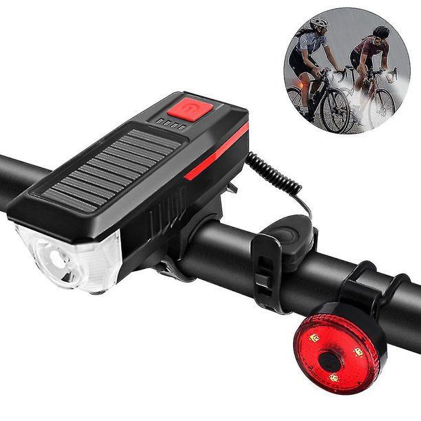 Juego de luces de bicicleta y luz trasera de faro de bicicleta recargable por USB con energía solar de bocina