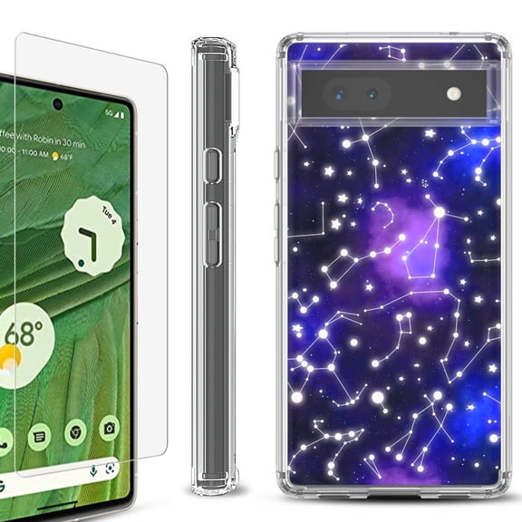 Shockproof Bumper Phone Case for Google Pixel 6a, with Tempered Glass Screen Protector, by OneToughShield ® - Constellations