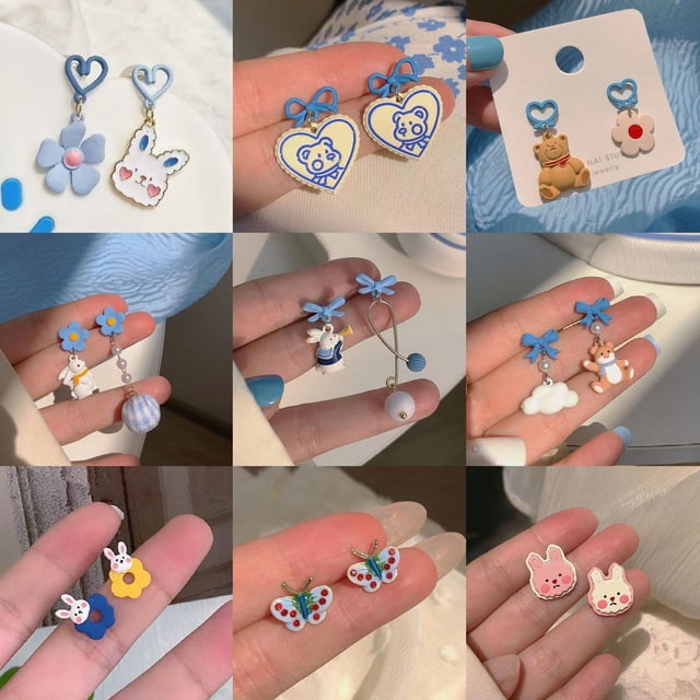 Pendientes asimétricos de flores de conejo para niña, diseño de nicho creativo Mori, pendientes de dibujos animados