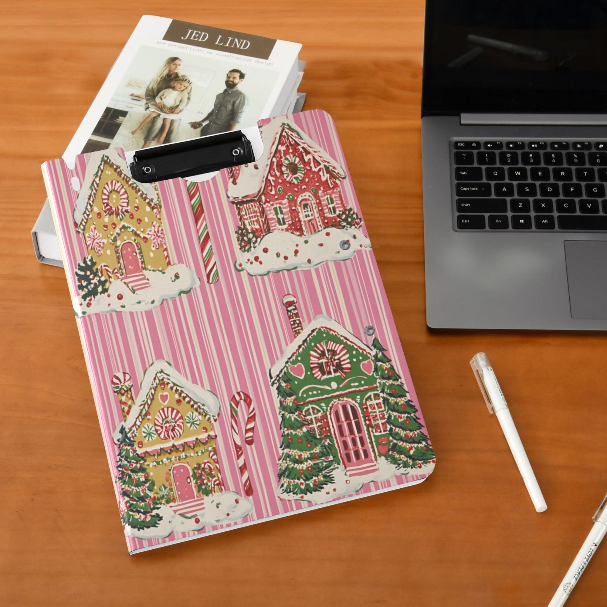 FORMRS A4 Clipboard Folder with Pen Holder Horizontal Foldable School Office Binder, Pink Christmas House