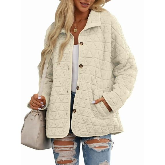 Women'S Light Weight Quilted Casual Winter Open Front Button Down Puffer Coat Outwear Cardigan Cream White M
