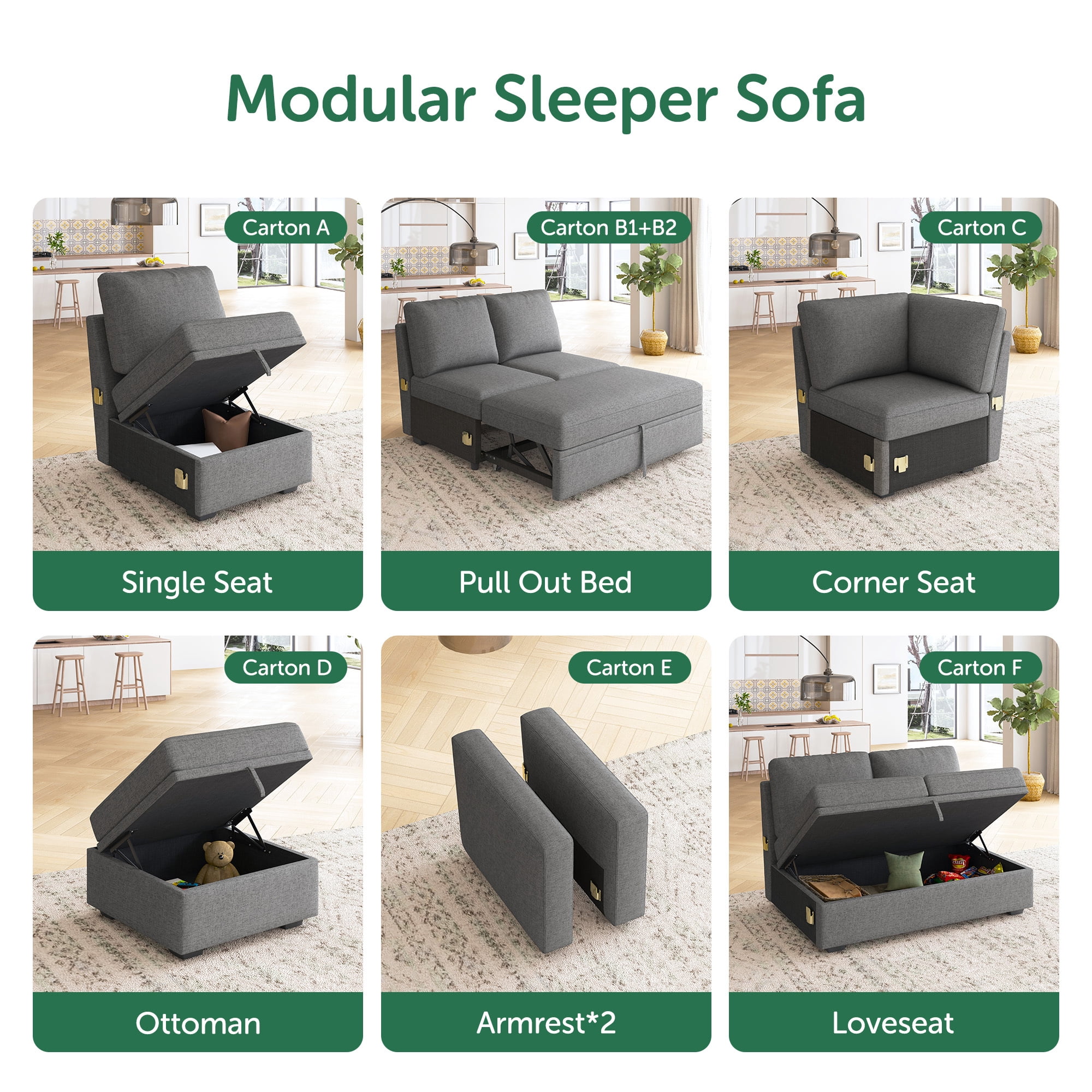 HONBAY Single Seat with Storage for Modular Sectional Sleeper Sofa, Linen Grey