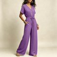 thumbnail image 5 of Sunnin Women Wide Leg Long Pants with Pockets V Neck Drawstring Waist Casual Loose Jumpsuit Pants for Women, 5 of 6