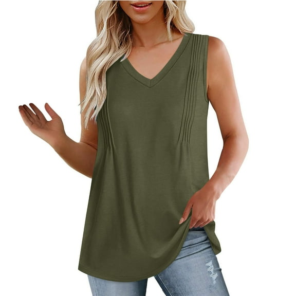 Mittory Summer Womens Tank Tops Loose Fit Pleated V Neck Sleeveless Tops Casual Basic T Shirts Solid Tees