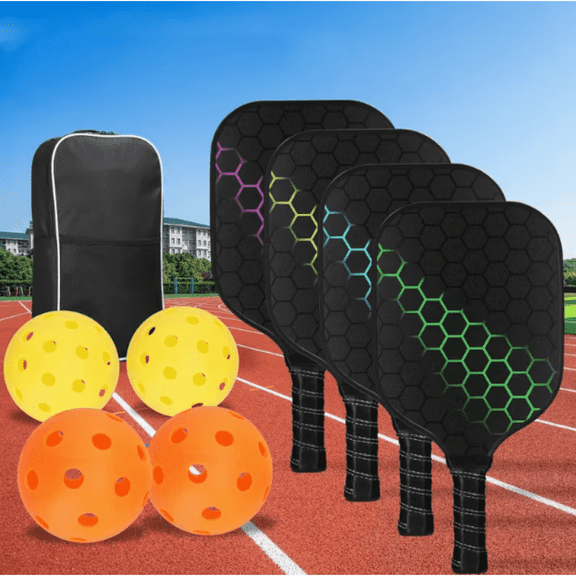 Pickleball Paddle Set of 4 - Fiberglass & Graphite Paddles for Men & Women | Includes Balls, Carry Bag & Accessories