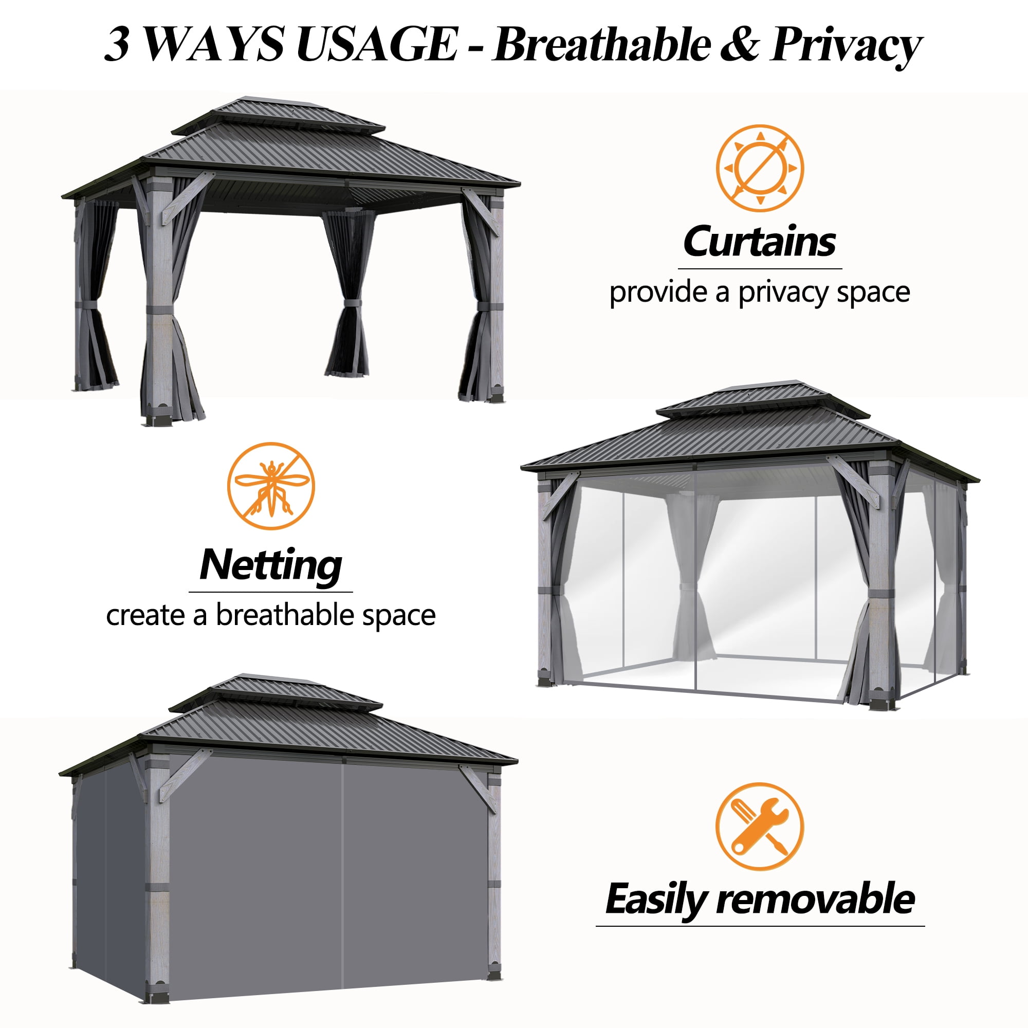 Howsvn 10 x 12 ft. Patio Cedar Wood Gazebo, Outdoor Double Roof Hardtop Wooden Gazebos with Curtains and Netting for Backyard, Deck