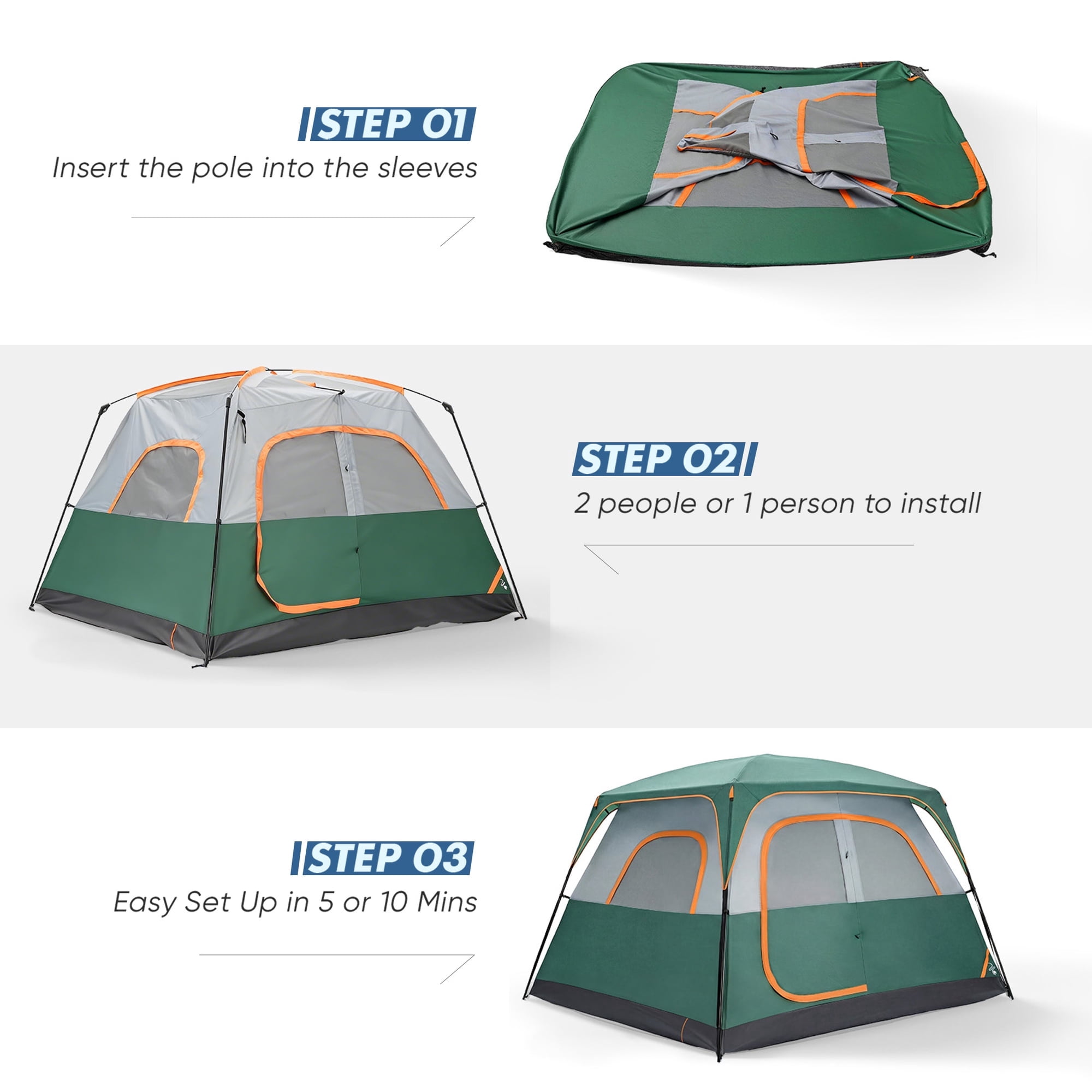 JIOABL 6 Person Camping Tent with Rainfly, Waterproof Polyester, Easy Setup, Portable with Carry Bag, Stakes & Ropes for Outdoor Camping, Green