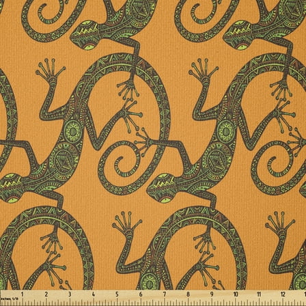 Gecko Fabric by The Yard, Lizard Pattern with Motifs Triangles and Circles on Warm Backdrop, Stretch Knit Fabric for Clothing Sewing and Arts Crafts, 1 Yard, Brown Green, by Ambesonne