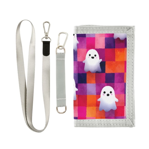 JIALIOU Nylon Trifold Card Wallet with ID Window Zipper Pocket for Men Women Teen Cute Ghost on Checkered