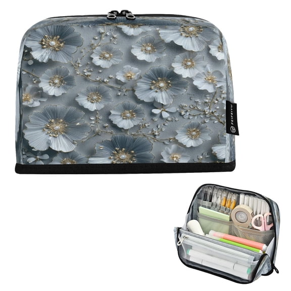 Standing Pencil Case with Base Large Capacity Stationery Pouch Pen Bag with Zipper for Women Men Silver Flowers Pattern