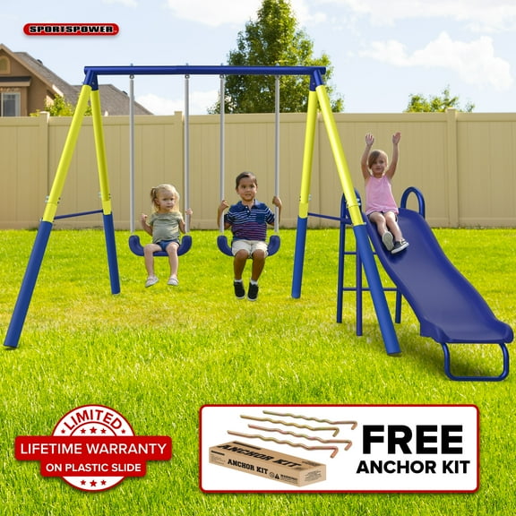 Sportspower Power Play Time Metal Swing Set for Kids Ages 3-8, Outdoor Playset with 2 Swings & 5ft Molded Slide, Bonus Anchor Kit, 5.4' x 7.5' x 6.2'