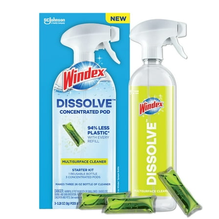 Windex Dissolve Concentrated Pods, Multisurface Cleaner Starter Kit contains 1 Reusable Bottle, 3 Concentrated Dissolvable Pods