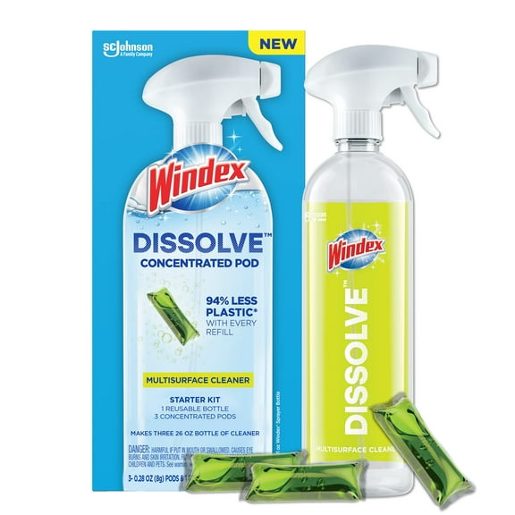 Windex Dissolve Concentrated Pods, Multisurface Cleaner Starter Kit contains 1 Reusable Bottle, 3 Concentrated Dissolvable Pods
