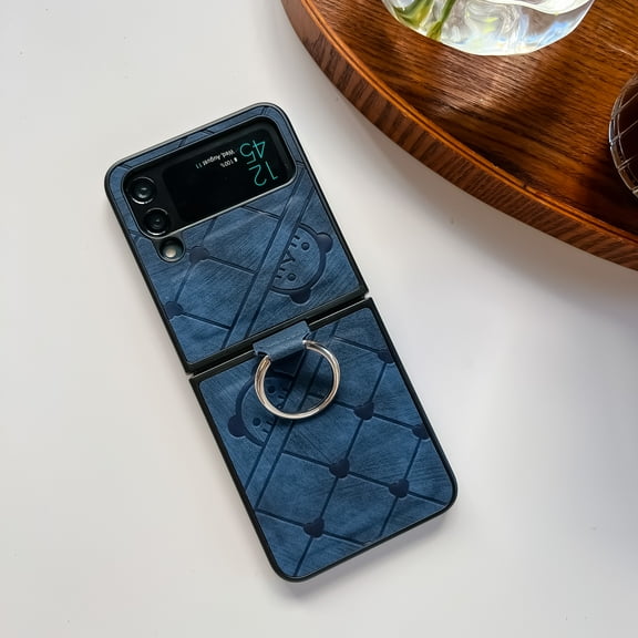 Allytech Galaxy Z Flip 4 Case, Flip 4 Cover, PC Shell with Finger Ring Drop Protection Lightweight Thin Lovely Cartoon Cute Bear Phone Protective Cover Case for Samsung Galaxy Z Flip4 5G 2022, Blue