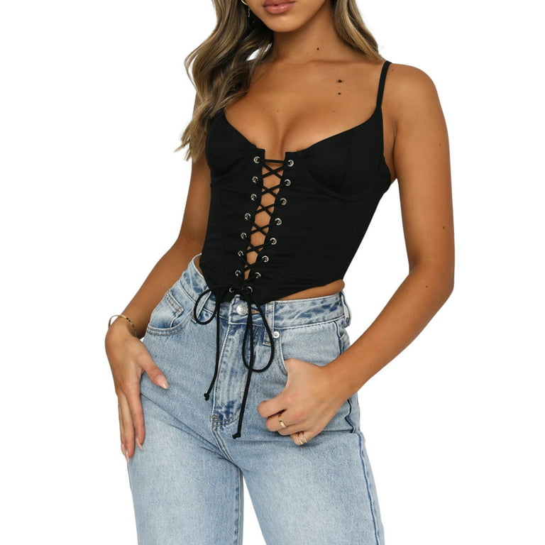 90s Vintage Indie Grunge Corset Top Sexy Front Tie Up Bandage Hollow Out  Crop Top Chic Women Off Shoulder Strapless Tube Camis - AliExpress
