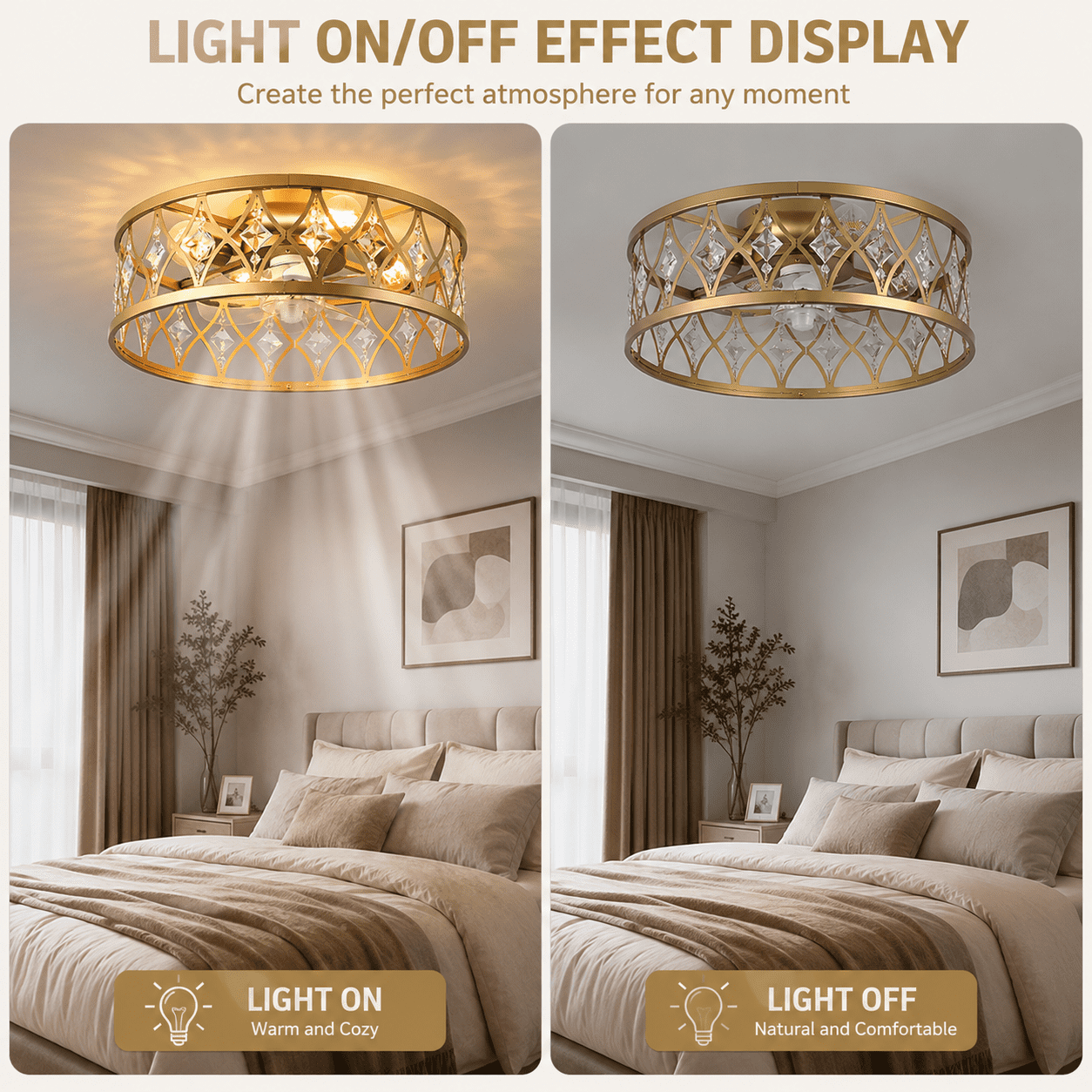Garwarm 20" Gold Crystal Ceiling Fan with Lights and Remote, Flush Mount Fandelier, Low Profile Caged Bladeless Ceiling Fan for Bedroom, Living Room, Kitchen