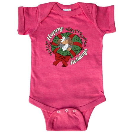 

Inktastic Hoppy Holidays Bunnies in Christmas Wreath with Red Bow Gift Baby Boy or Baby Girl Bodysuit