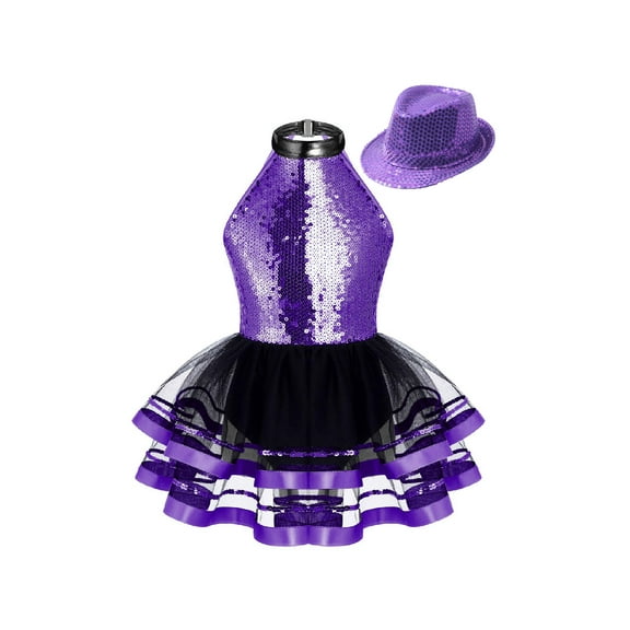 dPois Kids Girls Hip Hop Jazz Dance Dress Gymnastic Leotard Tutu Skirted Purple 12