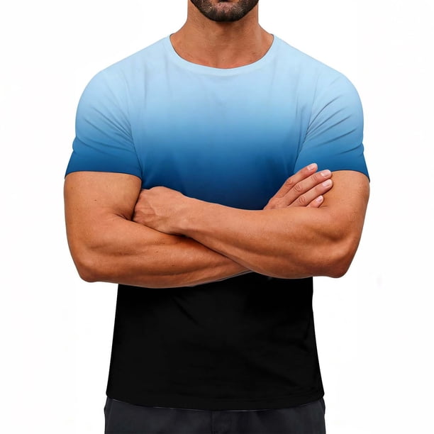 Ceisia Men's Slim Fit Blue-Black Gradient Print Crew Neck T-Shirts, Breathable Stretch Casual Sports Tops Gifts