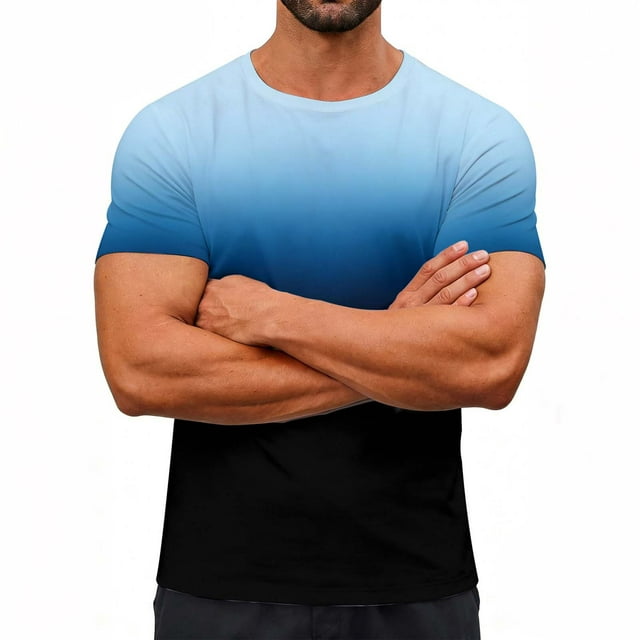 Ceisia Men's Slim Fit Blue-Black Gradient Print Crew Neck T-Shirts, Breathable Stretch Casual Sports Tops Gifts