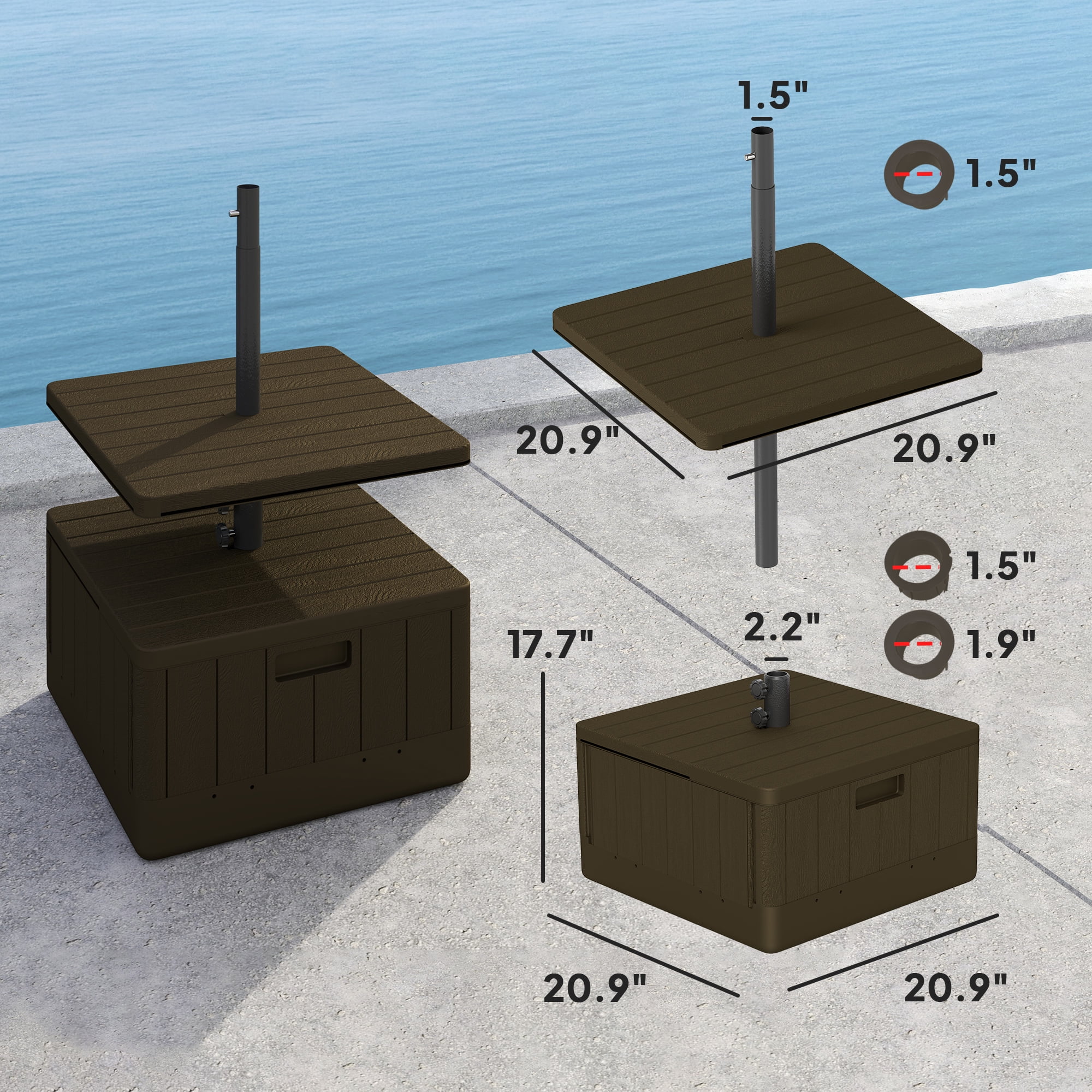 Outsunny Patio Umbrella Base with Table Tray, Heavy Duty Weighted Umbrella Stand with Wheels Handles, 176lbs with Stand Filling, Brown