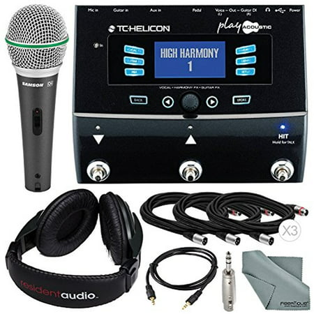 TC-Helicon Play Acoustic Vocal and Acoustic Guitar Effect Processor Pedal and Deluxe Accessory Bundle w/ Samson Q6 Mic+ Stereo Headphones + Adapter+ Fibertique Cloth +