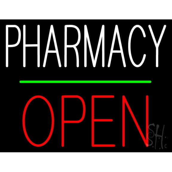 Pharmacy Block Open Green Line LED Neon Sign 15 x 19 - inches, Black Square Cut Acrylic Backing, with Dimmer - Bright and Premium built indoor LED Neon Sign for Defence Force.