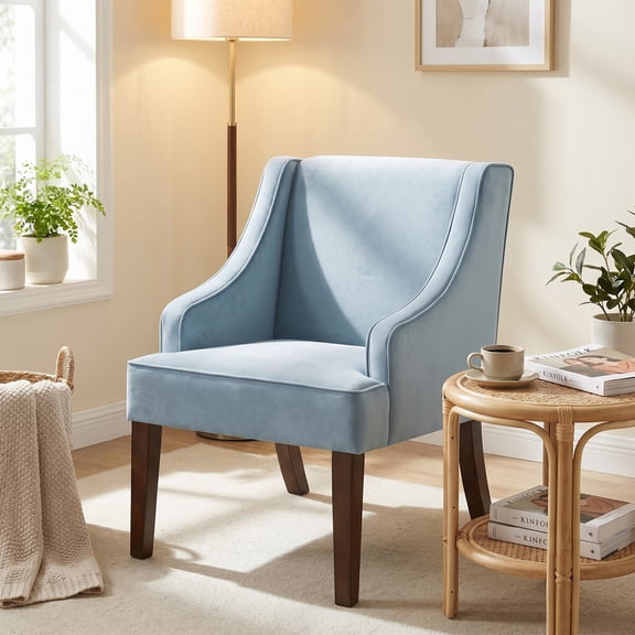 iooHug Velvet Accent Chair, Mid-Century Upholstered Armchair with Wood Legs for Living Room