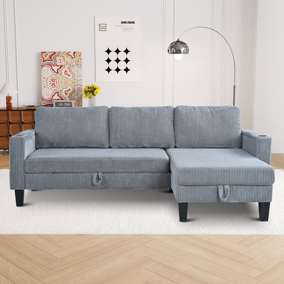 Reversible Gray Corduroy Sectional Sleeper Sofa with Storage Chaise, USB Ports & Cup Holder - Modern L-Shaped Couch for Living Room, Apartment, Office (82.5")