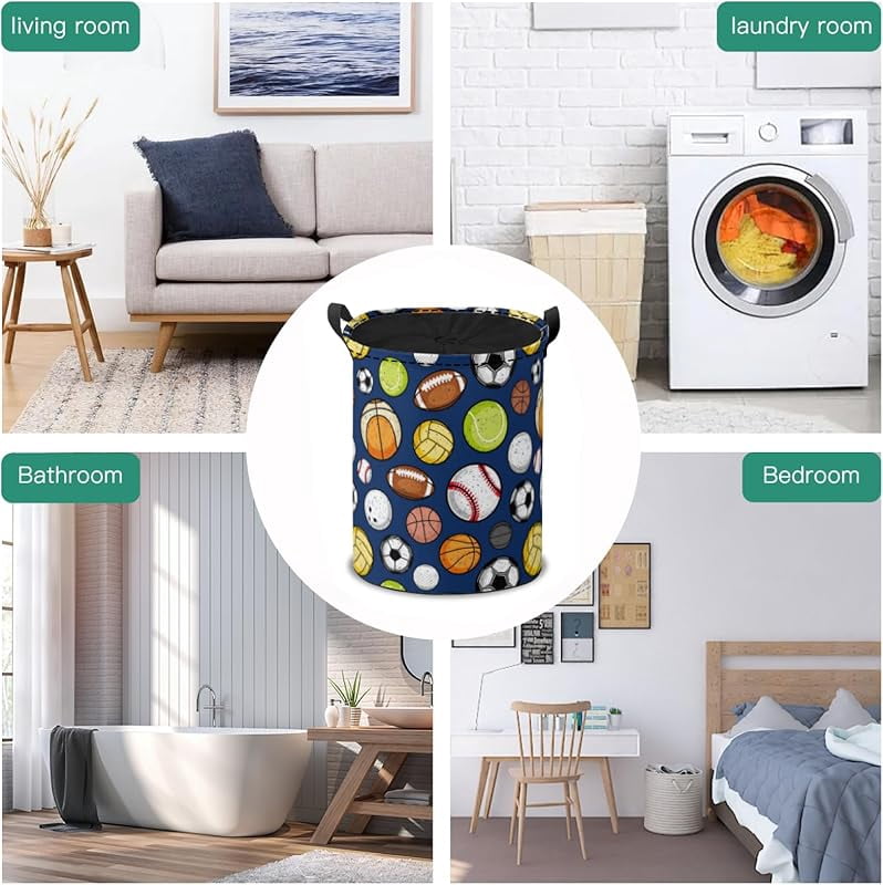 Sport Balls Seamless Pattern Laundry Basket Collapsible, Dirty Clothes Laundry Hamper for Bedroom Bathroom College Dorm Nursery Toy Organizer Storage Basket Round Gifts Basket