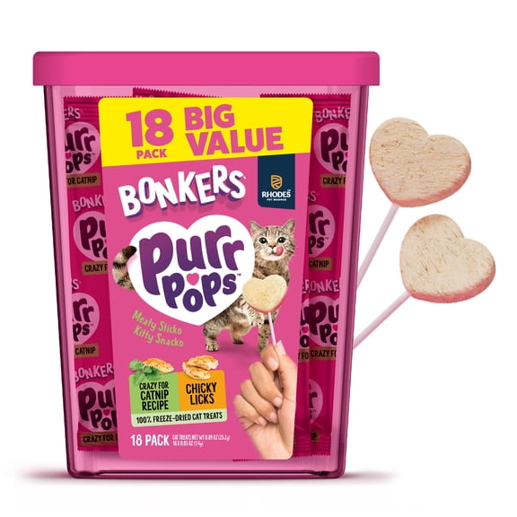 BONKERS Purrpops Freeze-Dried Chicken & Catnip Flavored Lollipop Treats for Cats, 18 Pack