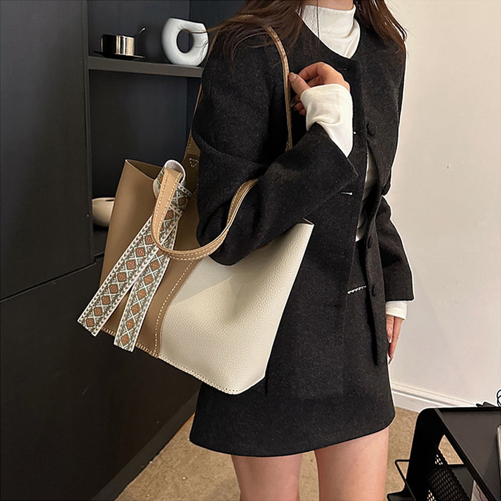 DIY Sew on PU Leather Bag Making Kit Including PU Leather Fabrics Polyester Bag & Bag Straps Magnetic Clasp Needle Cotton Thread Tan