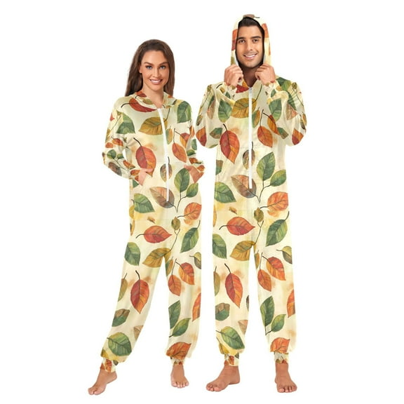 FORMRS Onesies Pajama for Adults Unisex Hoodie Winter Jumpsuit One Piece Sleepwear, Sizes S-2XL, Beige Leaves