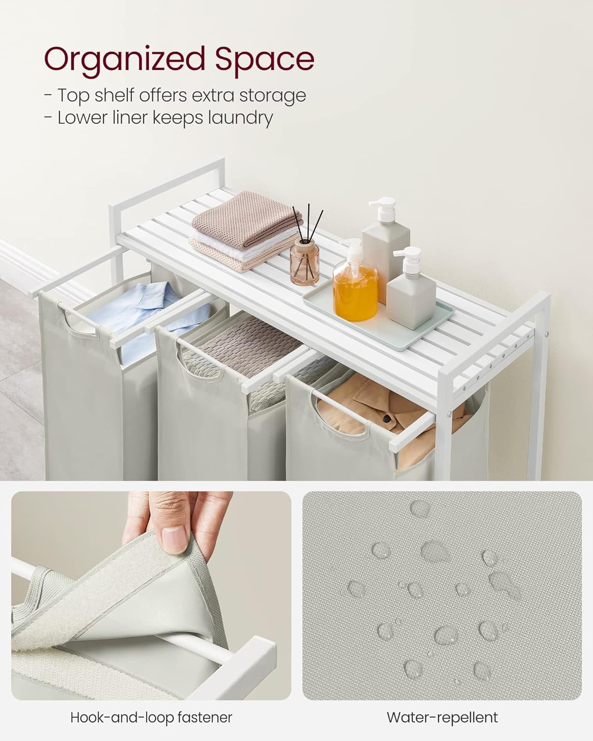3 Section Laundry Hamper with shelf Laundry Sorter with 3 Pull-Out and Removable Bags for Bathroom Laundry Room White