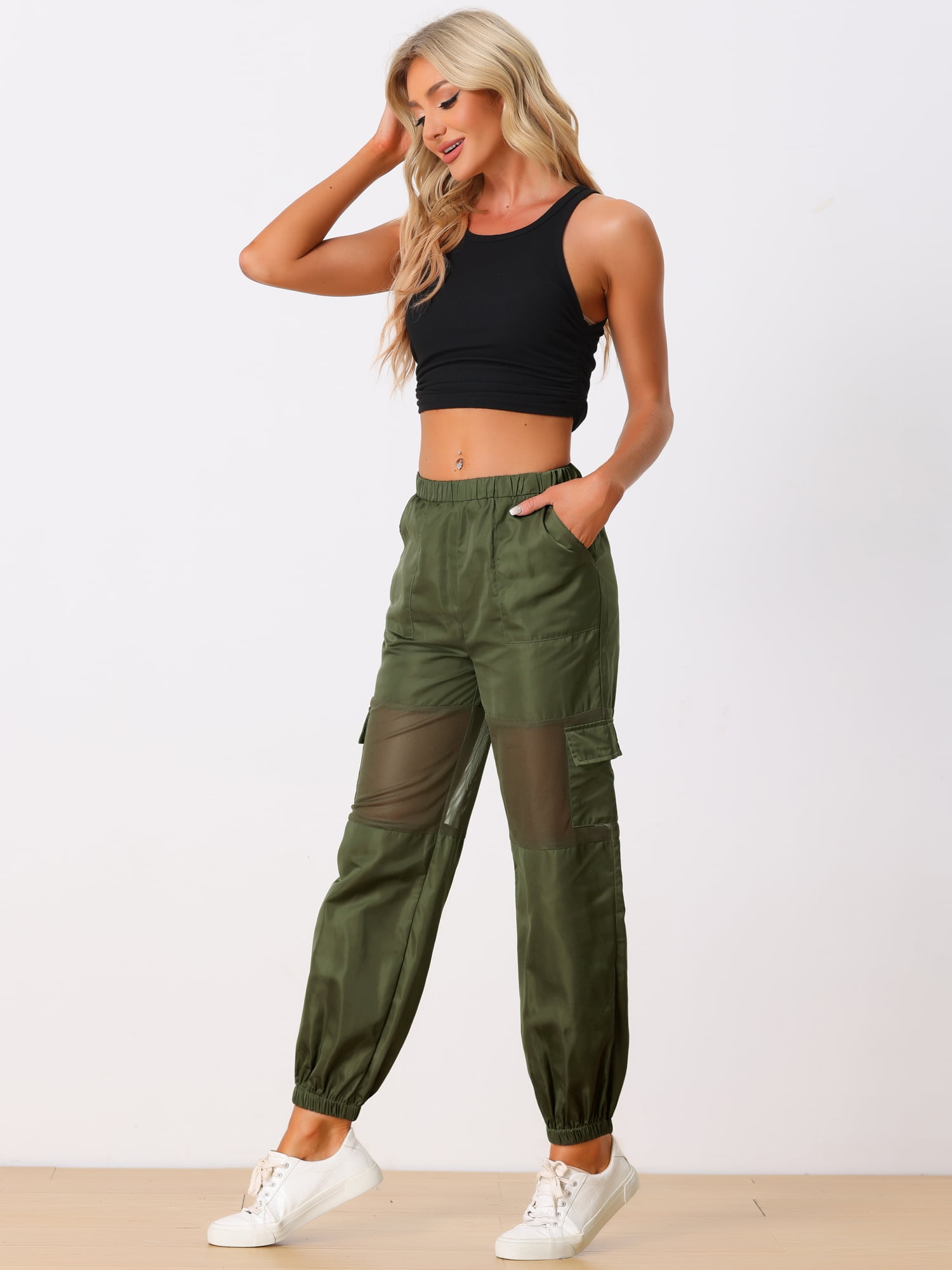 DARING DIVA Women's High Waist Mesh Panel Sheer Baggy Cargo Pants M Army Green