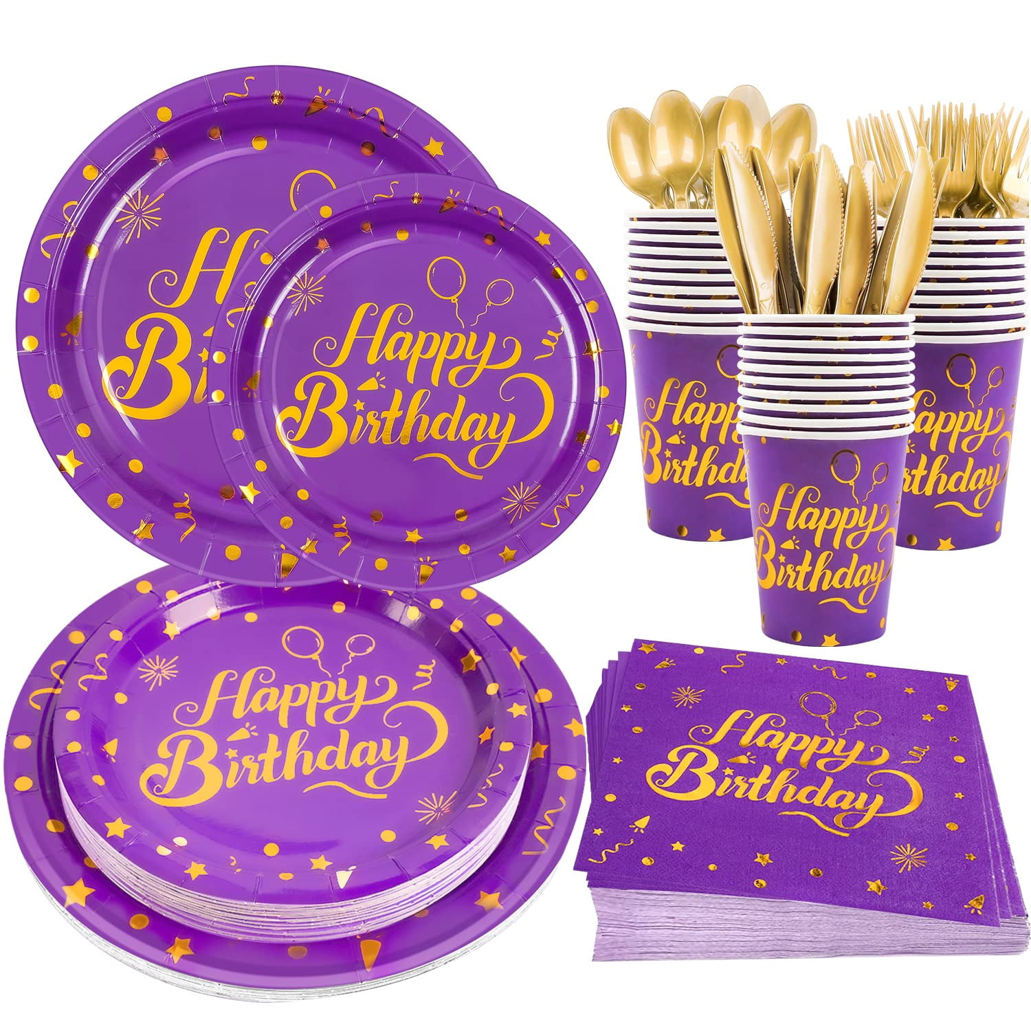168PCS Purple Birthday Decorations, Purple and Gold Birthday Plates and